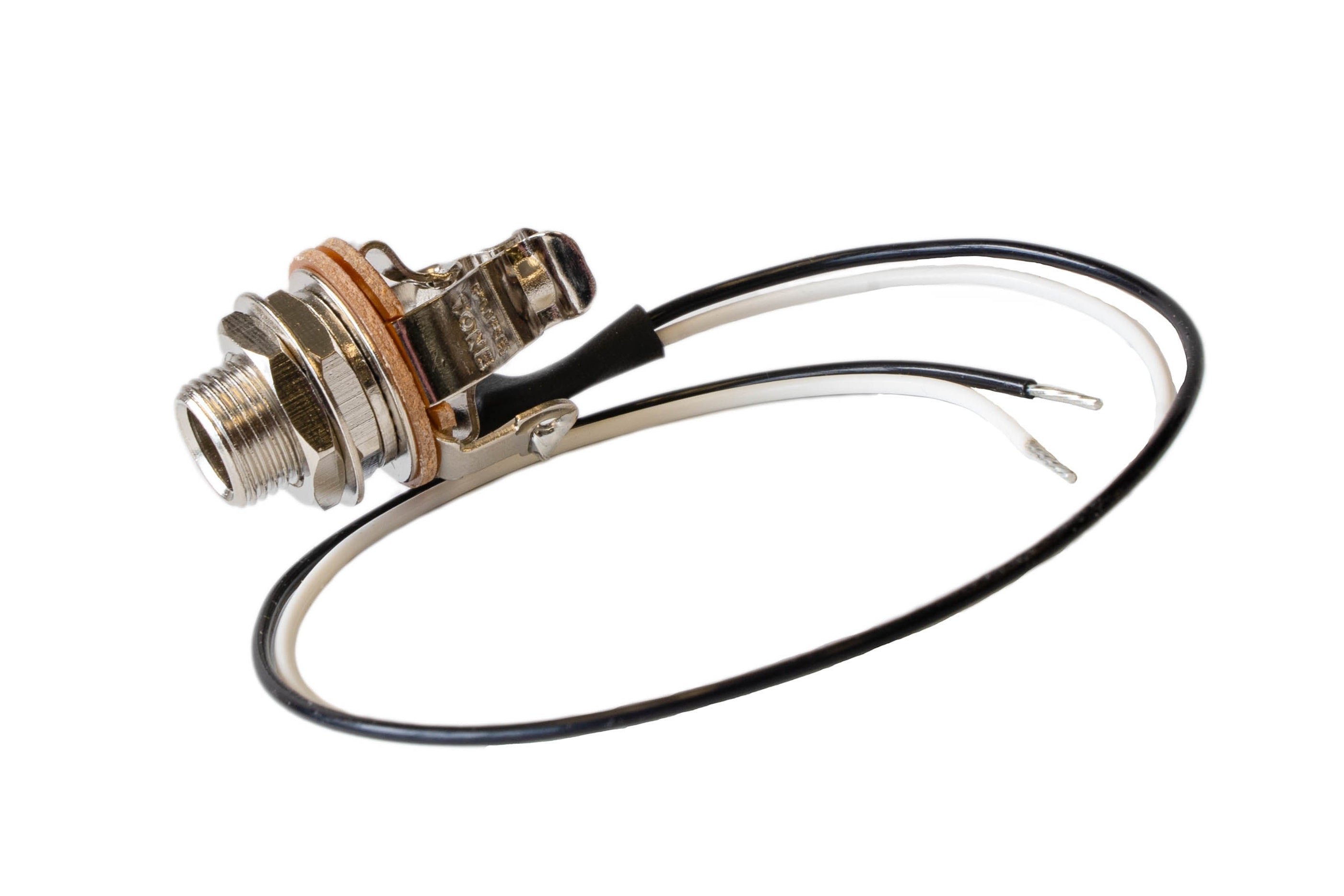 A pure tone 1/4" pre-wired jack for electric guitar, set on a clear white background.