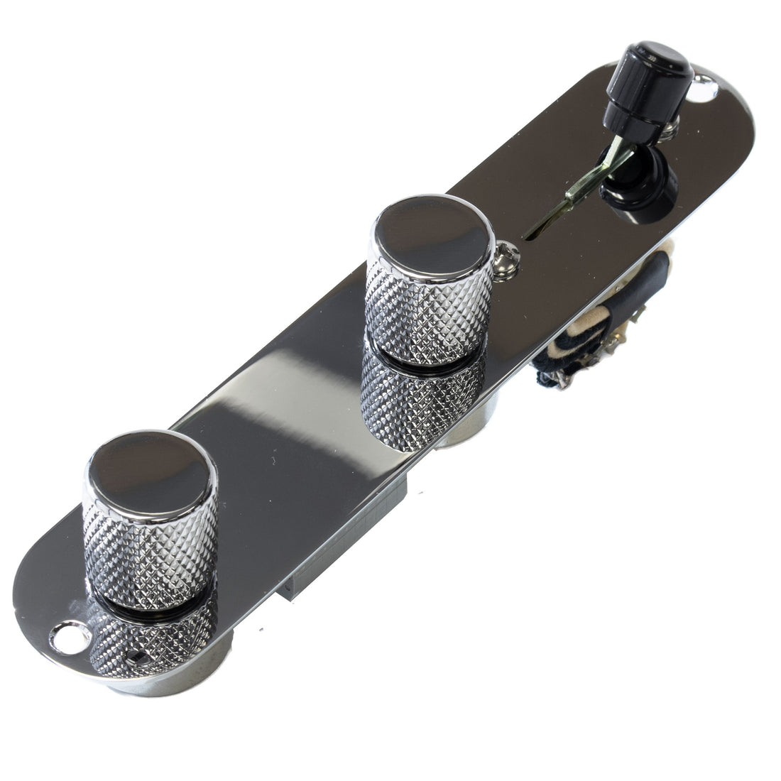 Top down view of a Telecaster chrome loaded control plate with chrome knobs. on a clear cut white background