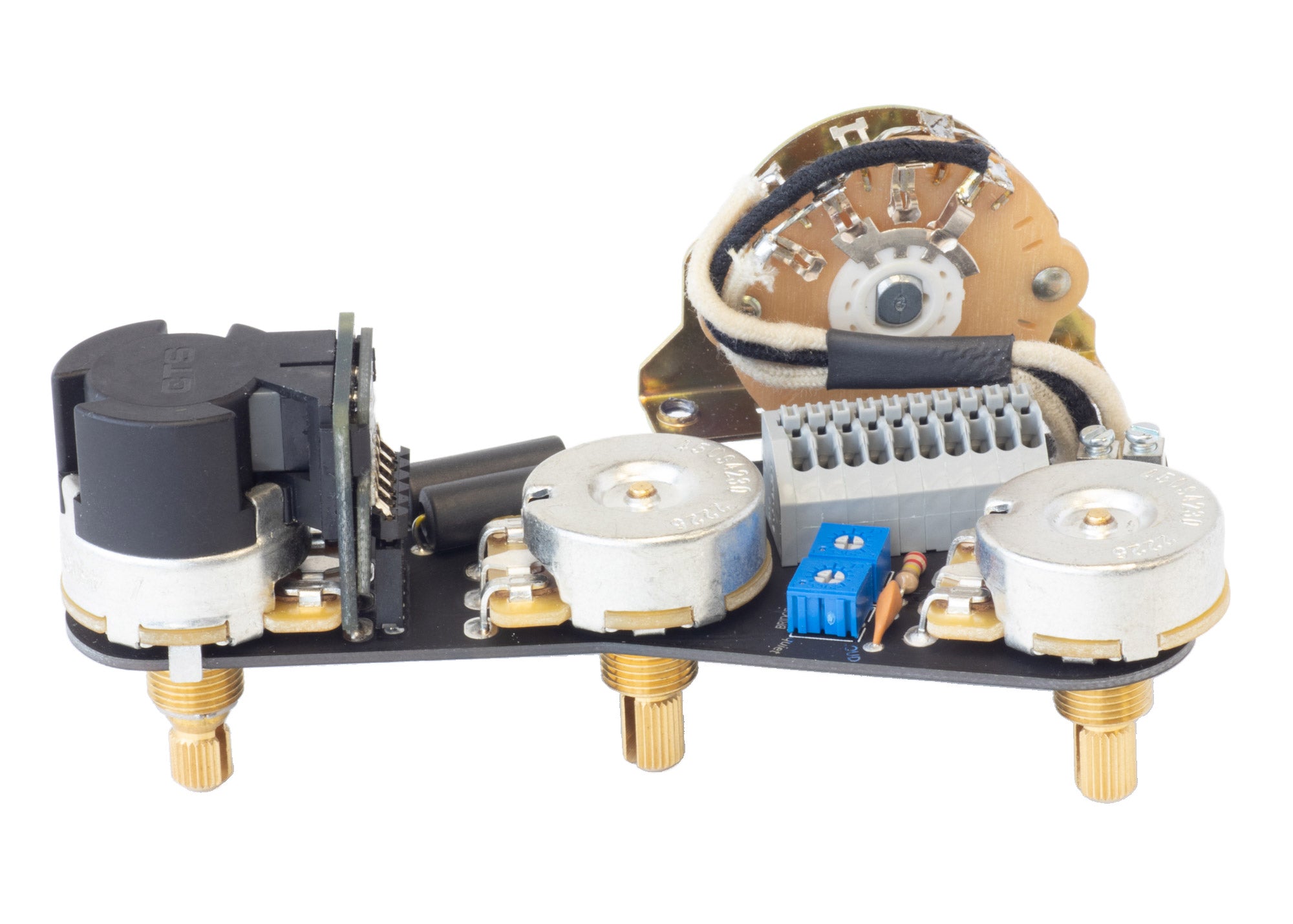 Side view of the ObsidianWire HH wiring harness for Fender Stratocaster with tunable split coil &amp; 6 way switching