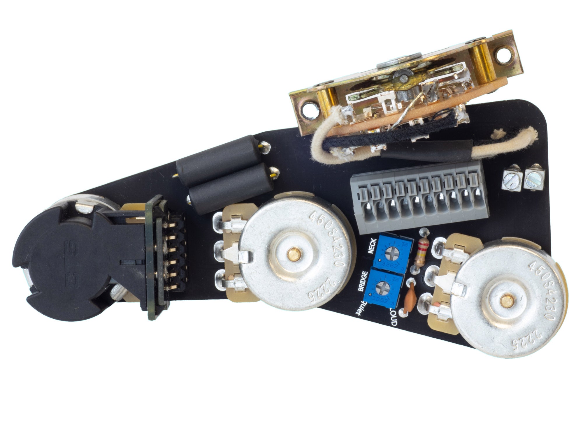 Top down view of the ObsidianWire HH wiring harness for Fender Stratocaster with tunable split coil &amp; 6 way switching