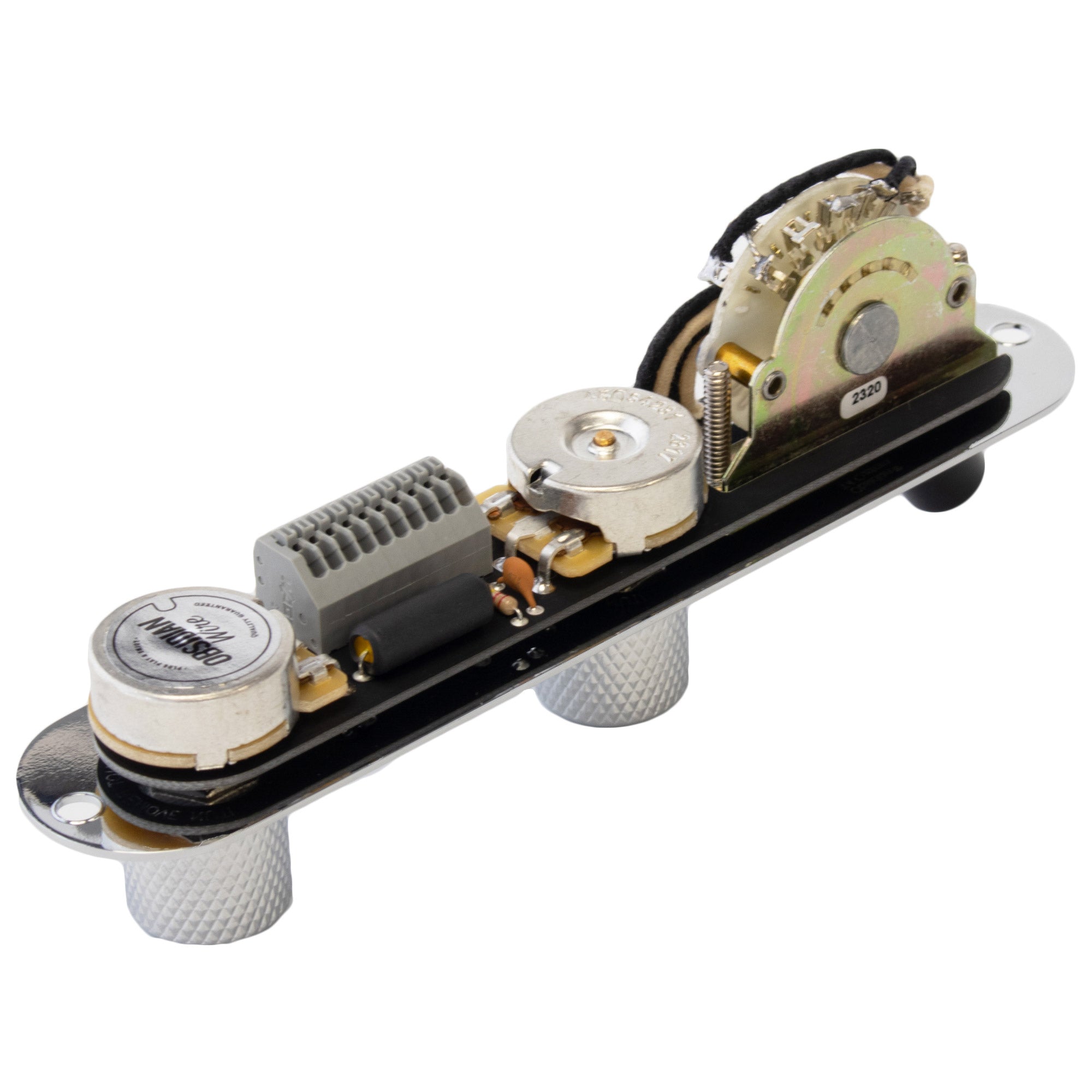 Bottom side view of a Telecaster  loaded control plate with chrome knobs and an ObsidianWire telecaster wiring harness, showing the pots, switches and solderless connector. Set on a clear cut white background