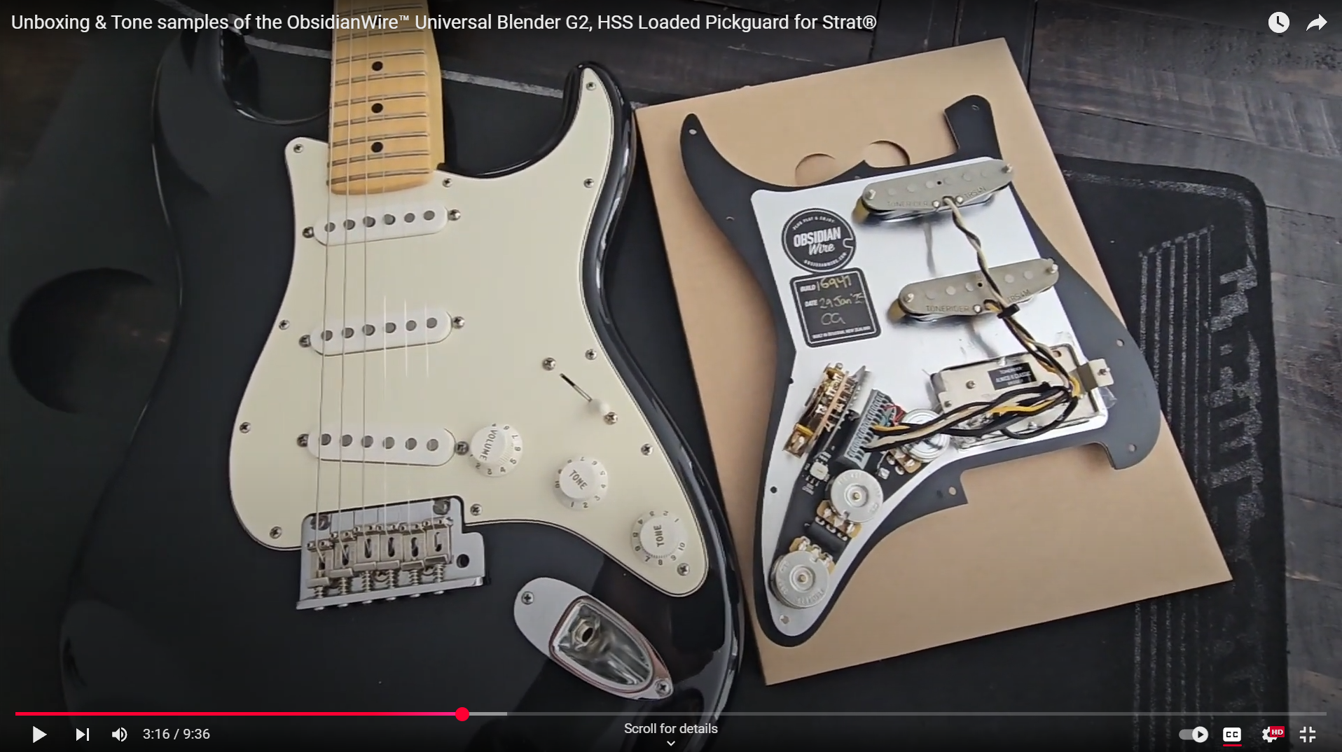 Laden Sie das Video: Unboxing und Klangbeispiel-Demo des ObsidianWire Custom HSS-bestückten Schlagbretts für Stratocaster